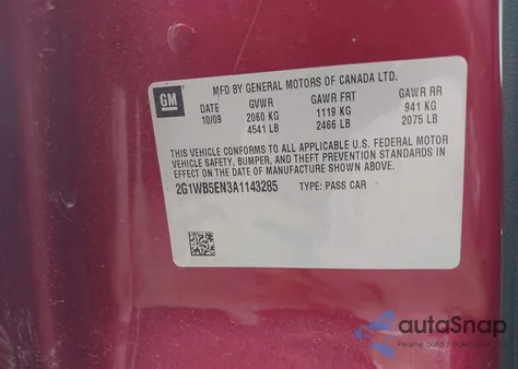 2010 Chevrolet Impala Lt from USA, damaged, VIN 2G1WB5EN3A1143285